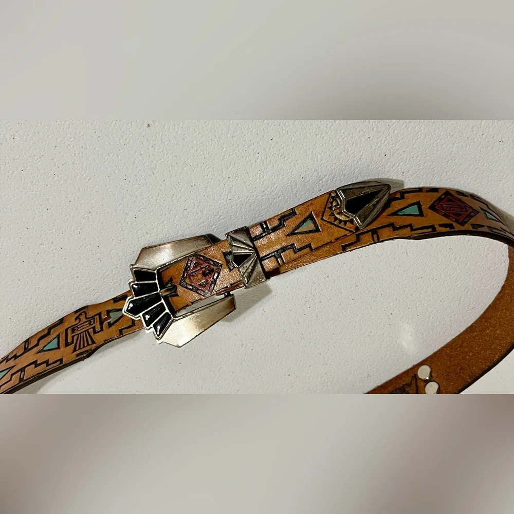 Native American Southwestern Style Tan Leather Belt with Silver Buckle - Picture 8 of 15
